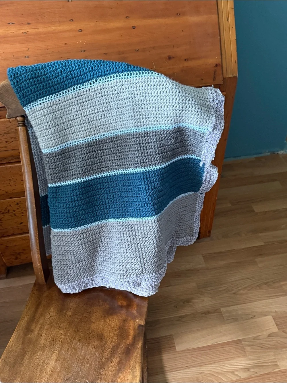 Handmade Crochet Striped Blanket Velvet Trim 48x60